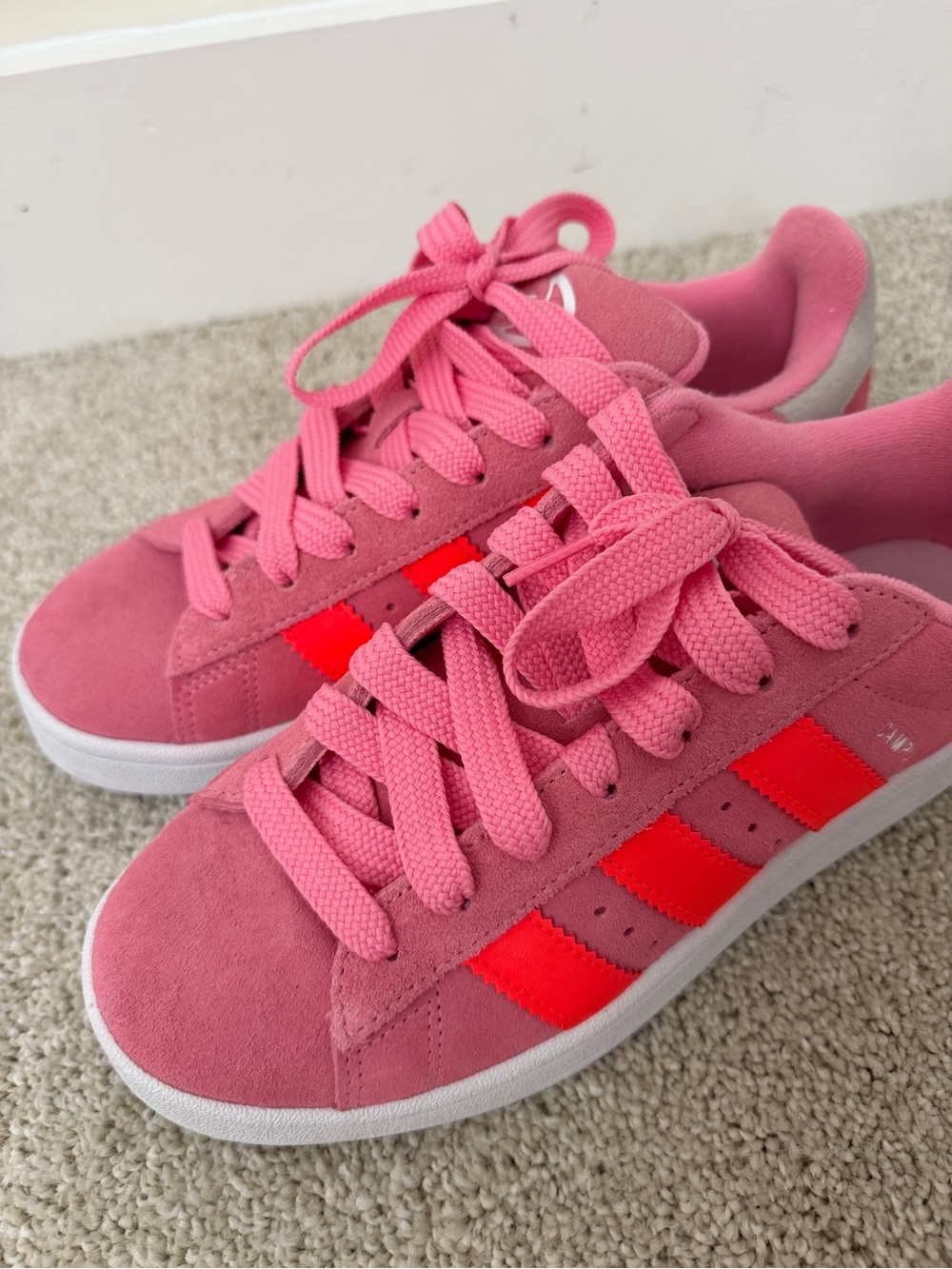 Brand new never worn Adidas' Pink campus Sneakers with Neon Orange- red stripes - Picture 2 of 7